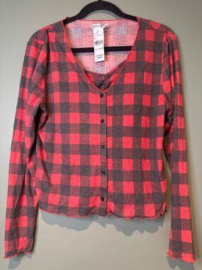 NWT Society 212 Buffalo Plaid Twinset Top XL Red Black Layered Fall Cottagecore